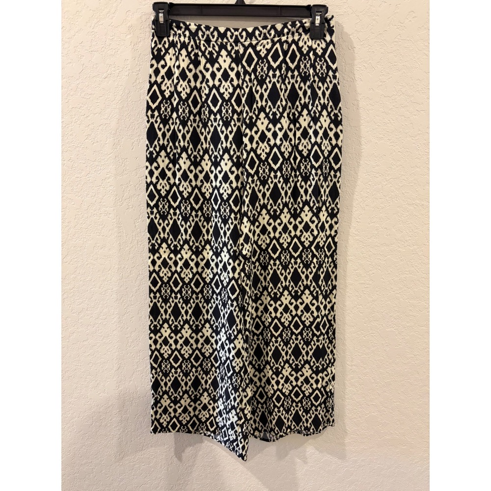 Vision USA Wide Leg Pants Black Cream Geometric Ikat Print Boho Rayon Small